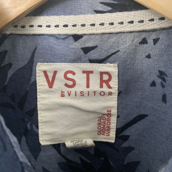 Vstr Shirt Mens Size Medium Blue Floral Linen Blend Button Up Short Sleeve - Picture 2 of 6
